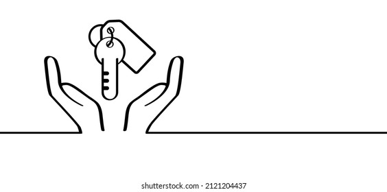 Hand Giving Car Keys. Supporting, Two Open Hands Or Open Hand Palms. Outline Valet Key Hand Icon Or Logo. Line Pattern. Car Rental Or Sale Concep Or New Home.