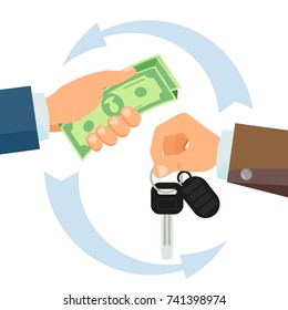 Hand Giving Car Keys Vector. Business Car Rental, Sale Concept. Salesman And New Owner. Holding Key, Money. Flat Cartoon Isolated Illustration