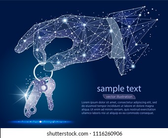 Hand Giving Car Keys.abstract Design , Logo Isolated From Low Poly Wireframe On Space Background. Vector Abstract Polygonal Image Mash Line And Point. Digital Graphics Illustration