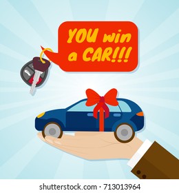 Hand giving car with red ribbon and key. Rental or sale concept. Vector illustration