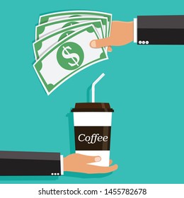 Hand Giving Cash and Buying a Coffee .Vector illustration.