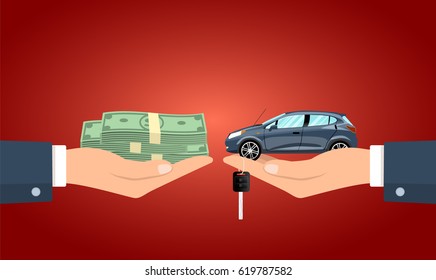 Hand giving the cash to the hand with the car and keys vector illustration. 