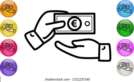 Remise de billets en euros à la main. Concept d'échange, de transfert, d'aide, de don, de paiement en espèces et de charité. Illustration vectorielle EPS10.
