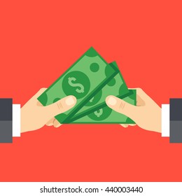 Hand Giving Cash And Hand Receiving Cash. Funding, Bribe, Donation, Payday Concepts. Modern Flat Design Graphics For Web Sites, Web Banners, Infographics, Printed Materials. Vector Illustration