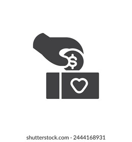 Hand giving charitable donation vector icon. filled flat sign for mobile concept and web design. Hand insert coin into donate box glyph icon. Charity symbol, logo illustration. Vector graphics