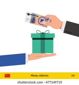 Hand giving Chinese Yuan banknote and present gift instead. Shopping design over white background, vector illustration.