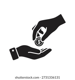 Icono de moneda de mano para pago y gesto de donación, símbolo de ofrenda benéfica y Asistencia financiera