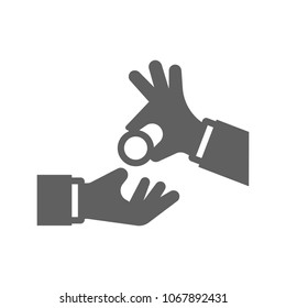 Hand giving coin to hand icon in trendy flat style isolated on white background. Symbol for your web site design, logo, app, UI. Vector illustration, EPS