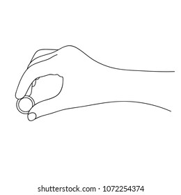 Hand giving a coin. Line drawing. Vector Illustration.