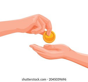 Hand giving coin of money to another person, donation and help symbol illustration in cartoon vector isolated in white background