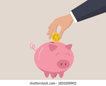 Hand giving coin to piggy bank classic. Vector cartoon illustration