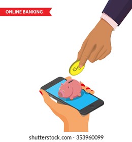 Hand giving coin to piggy bank classic. Business Hand Collect Money In Piggy Bank. Business man hand and gold coin in pink piggy bank on blue background isometric illustration in flat design.