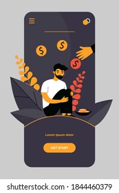 Hand giving coin to poor bearded man. Disability, money, need flat vector illustration. Charity and help concept for banner, website design or landing web page