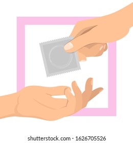 Hand giving condom vector isolated. Safe sex, protection from pregnancy and HIV infection. Man with condom.