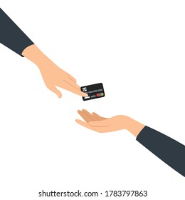 Hand giving credit card to another person.