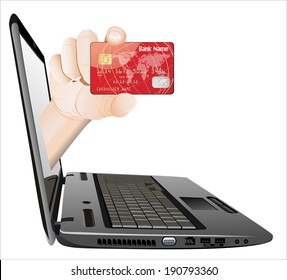 A hand giving a credit card from a laptop as an on-line payment concept. On-line payment
