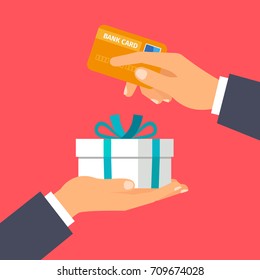 Hand Giving Credit Card And Present Gift Instead, Vector Illustration