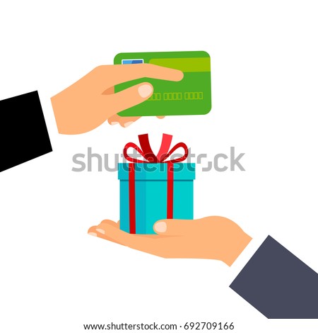 Hand giving credit card and present gift instead, isolated on the with background. Vector illustration