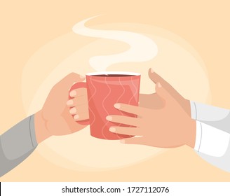 Hand giving cup of coffee vector isolated. Red mug full of hot delicious beverage. Web banner for the coffee shop.