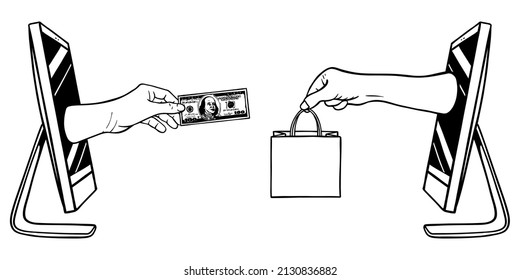 Hand giving a delivery paper bag shopping and hand holding money out of Computer Monitor - Out line