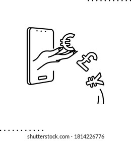 Entrega de mano de una moneda diferente a la del teléfono celular, pandemia económica y teletrabajo icono vector en contornos