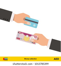 Hand giving Dirham banknote and credit card instead. Business finance concept over white background, vector illustration.