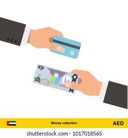 Hand giving Dirham banknote and credit card instead. Business finance concept over white background, vector illustration.