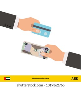 Hand giving Dirham banknote and credit card instead. Business finance concept over white background, vector illustration.