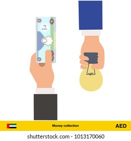 Hand giving Dirham banknote and idea instead. Business finance concept over white background, vector illustration.