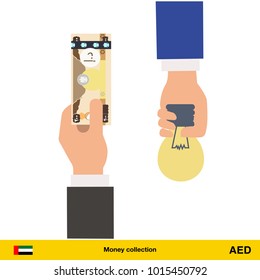 Hand giving Dirham banknote and idea instead. Business finance concept over white background, vector illustration.