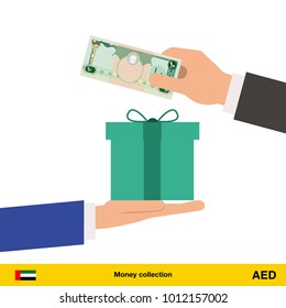 Hand giving Dirham banknote and present gift instead. Shopping design over white background, vector illustration.