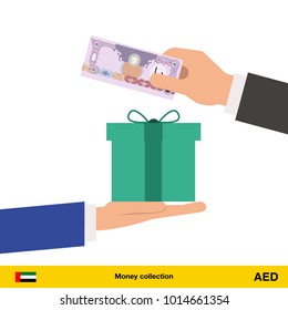 Hand giving Dirham banknote and present gift instead. Shopping design over white background, vector illustration.