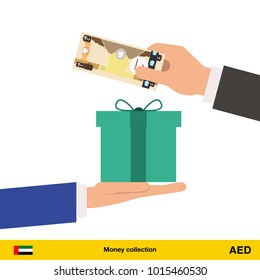 Hand giving Dirham banknote and present gift instead. Shopping design over white background, vector illustration.