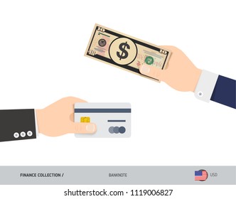 Hand giving dollar 10 US Dollar and credit card instead. Flat style vector illustration. Business finance concept.
