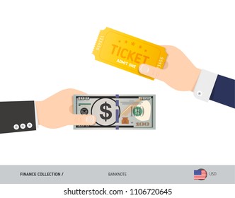 Hand giving dollar 100 US Dollar and ticket instead. Flat style vector illustration. Business finance concept.