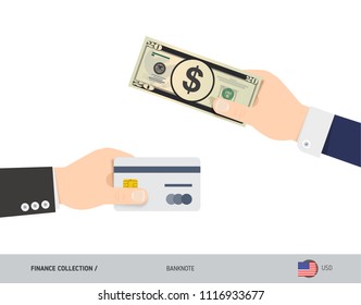 Hand giving dollar 20 US Dollar and credit card instead. Flat style vector illustration. Business finance concept.