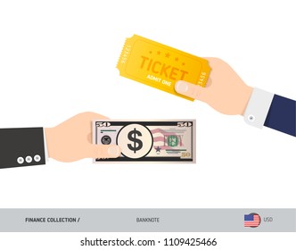 Hand giving dollar 50 US Dollar and ticket instead. Flat style vector illustration. Business finance concept.