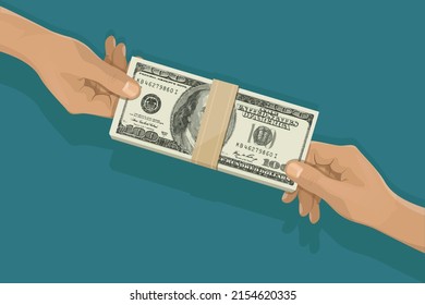 A hand giving dollar banknote to another hand. Pay for something. Give, receive, take, earn cash. Financial success, salary, investment, dividend. Pay, exchange money