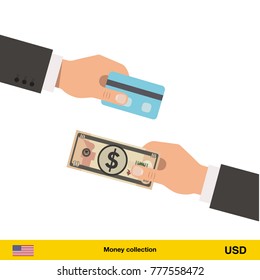 Hand giving Dollar banknote and credit card instead. Business finance concept over white background, vector illustration.