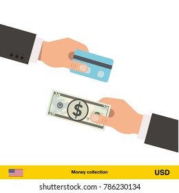 Hand giving Dollar banknote and credit card instead. Business finance concept over white background, vector illustration.