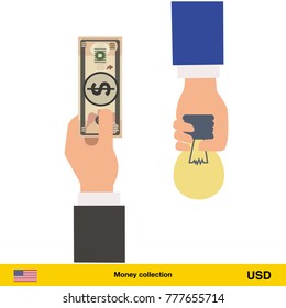 Hand giving Dollar banknote and idea instead. Business finance concept over white background, vector illustration.