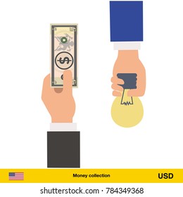 Hand giving Dollar banknote and idea instead. Business finance concept over white background, vector illustration.