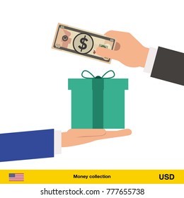 Hand giving Dollar banknote and present gift instead. Shopping design over white background, vector illustration.