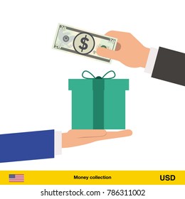 Hand giving Dollar banknote and present gift instead. Shopping design over white background, vector illustration.
