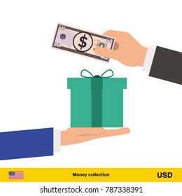 Hand giving Dollar banknote and present gift instead. Shopping design over white background, vector illustration.