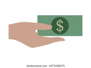 Hand giving a dollar bill on white background.