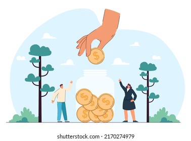 Entregar moneda de un dólar a un frasco de vidrio. Donación y asistencia financiera para la pequeña ilustración de vectores planos de hombre y mujer. Entidad benéfica, finanzas, concepto de ayuda para banner, diseño de sitios web o página web de aterrizaje