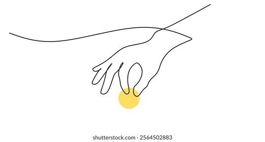 Hand giving a donation in continuous line drawing. A symbol of charity, kindness, and the power of giving to others. Vector illustration one line art minimalist.