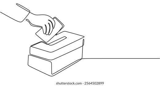 Hand giving a donation in continuous line drawing. A symbol of charity, kindness, and the act of helping others. Vector illustration one line art minimalist.