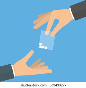 Hand Giving Drug Pills In A Plastic Bag To Another Hand. Drug Dealer Concept. Flat Design